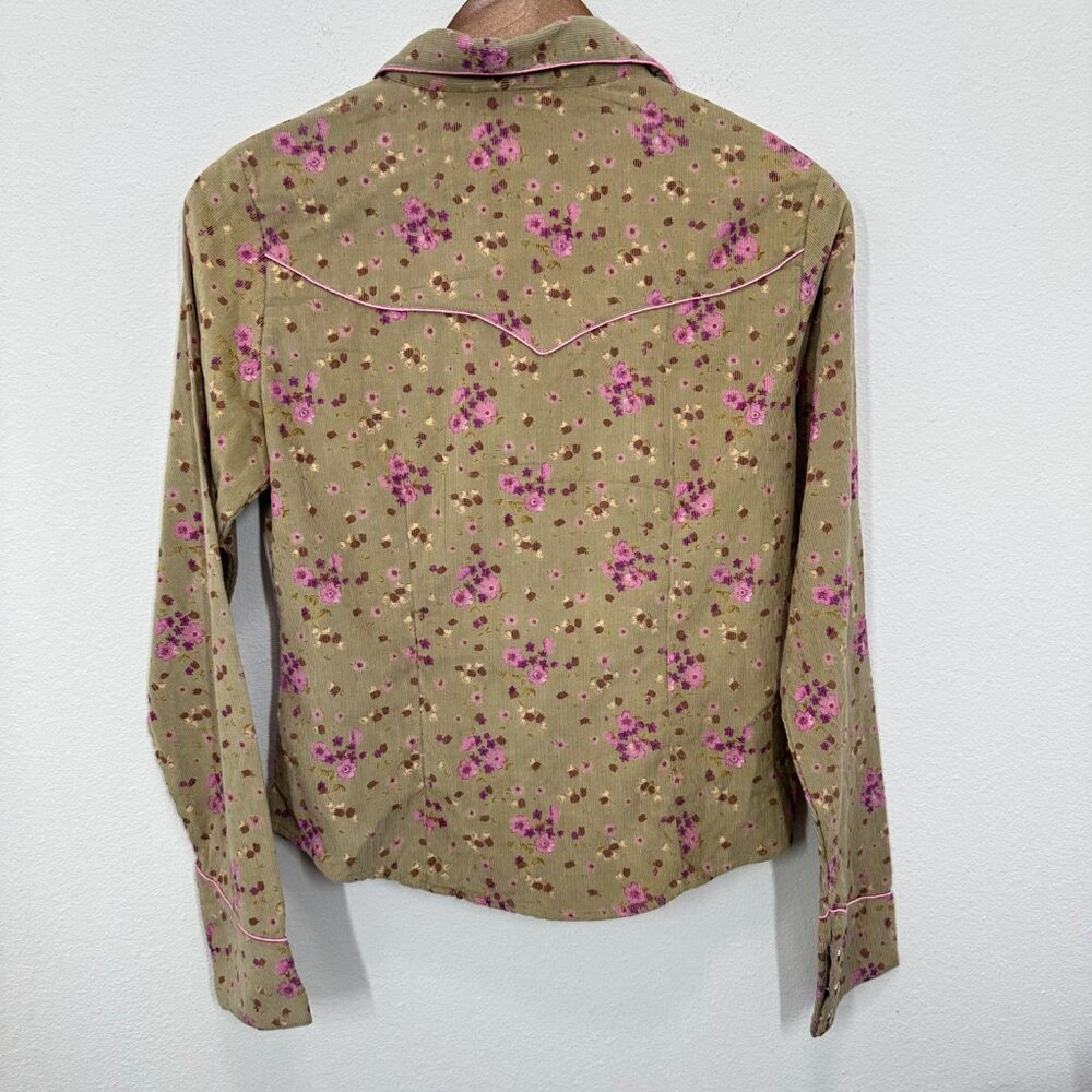 Angie Corduroy Pearl Snap Western Rodeo Retro Green Brown Floral Button Med - Picture 6 of 6